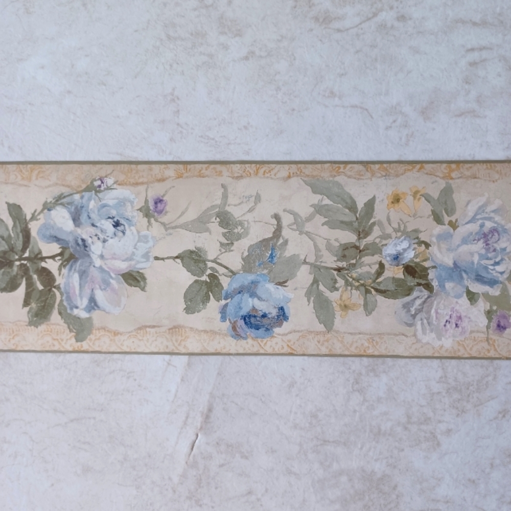 Wallpaper Border Blue Beige Roses
